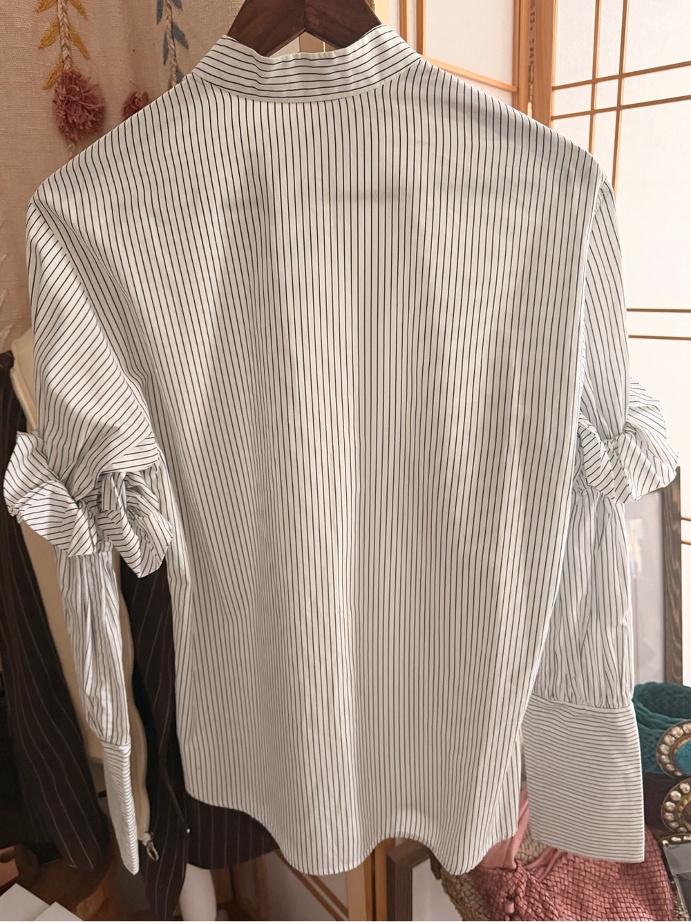 Maggie Marilyn White & Black Pinstripe Ruffle Sleeve Cotton Blouse Size US 6 - Picture 6 of 9